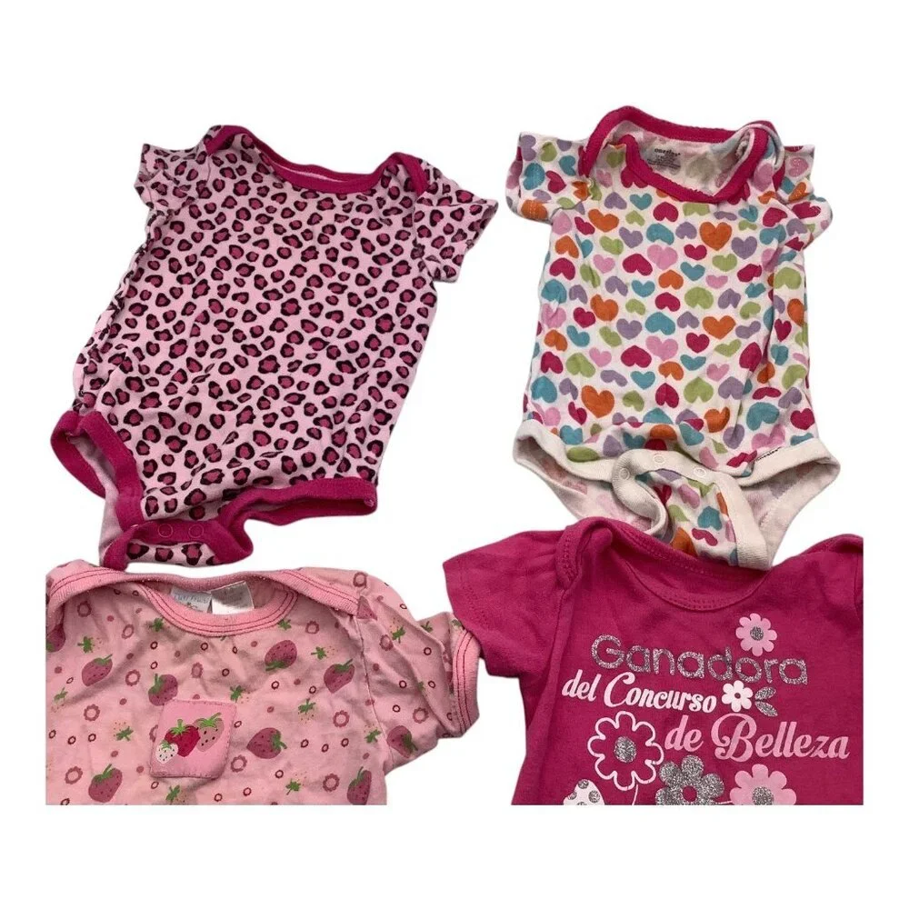 Baby Girl Bodysuit Lot Of 4 Sz 6-12M Strawberry Heart & Leopard Print Pink White